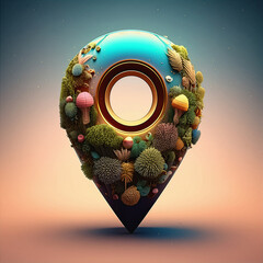 3D Eco Location Pin with Plants and Mushrooms