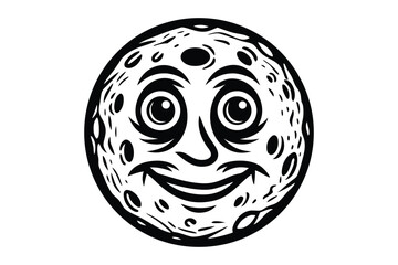 Stylized moon face smiles with star eyes amidst celestial black and white details