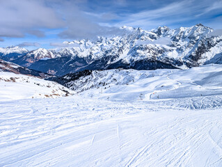 Mountains and skiing in Les Contamines, French alps.