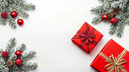 Festive Christmas background with red gift boxes, snow-covered pine branches, holiday ornaments, and winter decorations on a clean white backdrop for seasonal celebrations