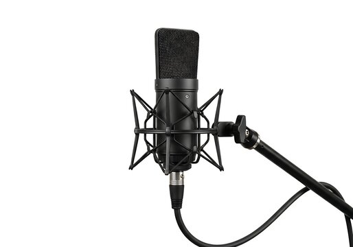 Professional black condenser microphone on stand - Powered by Adobe