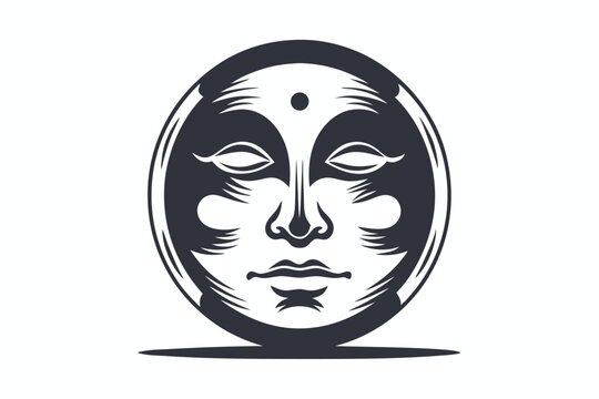 Symbolic buddha face in black and white circle exhibits peaceful spirituality and enlightenment