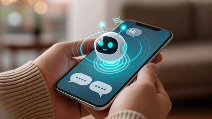 Close-up of a person holding a smartphone with a chat interface displaying a robot avatar. Concept of artificial intelligence-based communication.