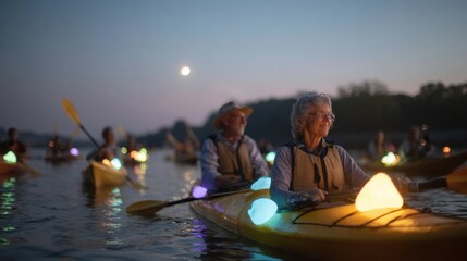 Group of people kayaking on a lake at dusk. the sky is a beautiful orange and pink hue, with the moon visible in the background.