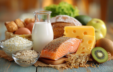 Array of nourishing foods placed on a rustic wooden board.