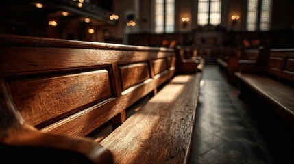 Warm sunlight streams across empty wooden church pews, creating a serene and contemplative atmosphere of quiet reflection and spiritual solace within a sacred space.
