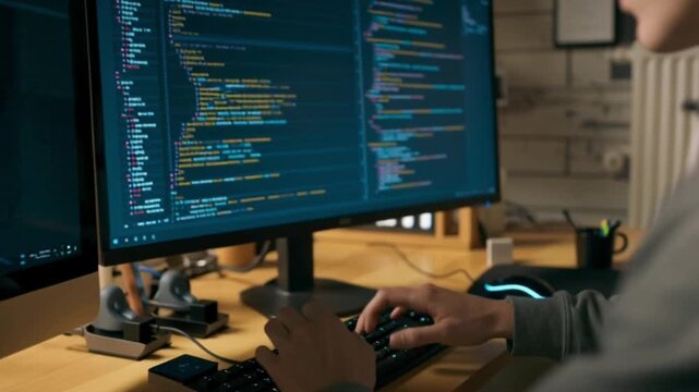 Cinematic Close-Up of a Young Developer Coding on a Desktop Computer, Back Facing the Camera as the Shot Pans Forward, Highlighting Focus, Precision, and a Modern High-Tech Workspace
