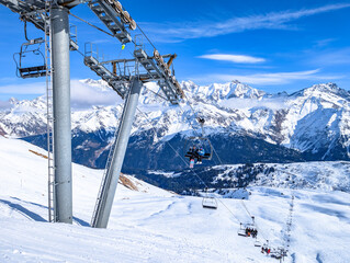 Mountains and skiing in Les Contamines, French alps.