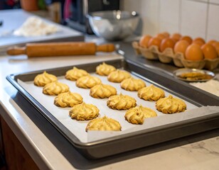 Tray of golden cookies, baking supplies, and kitchen setting