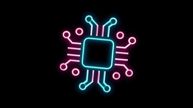 Neon microchip icon circuit board technology digital glowing blue pink minimal vector black background futuristic tech symbol glows with vibrant lines clean layout modern feel abstract energy cyber