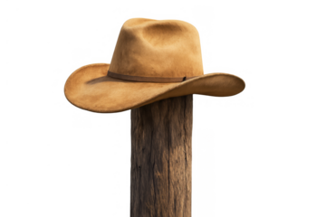 Cowboy hat made of felt material sitting on a weathered wooden fence post. Rural lifestyle and western fashion
