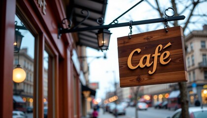Cafe sign with wooden texture hanging over street, inviting atmosphere, outdoor view, copy space