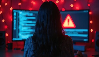 Woman programmer with long dark hair sits before computer. Warning sign glows on screen indicating potential problem. Red lights surround. Concept of cyber security threat data breach or system error