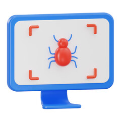 3d rendering computer virus icon with red bug on monitor screen interface