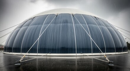 Inflatable dome stadium during heavy rain anchors demonstrating resilience as ropes maintain taut tension.