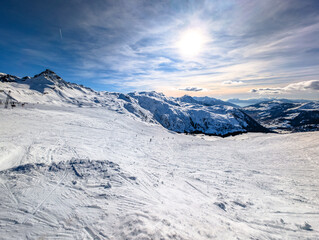 Naklejka premium Mountains and skiing in Les Contamines, French alps.