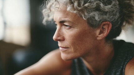 Close-up portrait of a middle-aged woman with curly grey hair. she is looking off to the side with a thoughtful expression on her face.