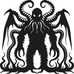Monstrous silhouette shows tentacled humanoid figure with wings, exuding a spectral and formidable presence