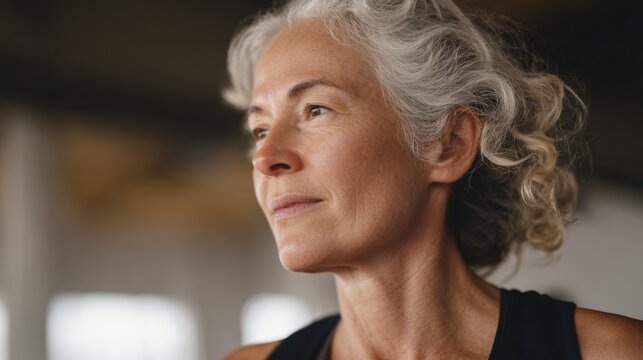 Close-up portrait of a middle-aged woman with white curly hair. she is looking off to the side with a thoughtful expression on her face. - Powered by Adobe