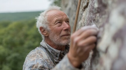 Elderly man with white hair and a beard, wearing a camouflage shirt, climbing up a rock wall. he is holding onto a rope and appears to be in the process of making his way up the wall.