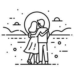 Couple watching sunset outline art: male and female embrace scenic view