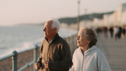 Elderly couple walking on a pier near the ocean. the man is on the left side of the image, wearing a brown jacket and the woman on the right side is wearing a gray jacket.
