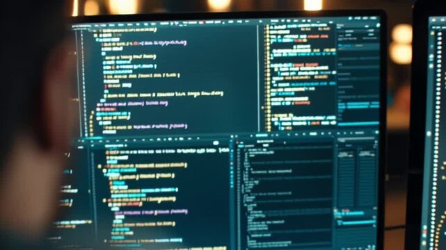 Cinematic Close-Up of a Young Developer Coding on a Desktop Computer, Back Facing the Camera as the Shot Pans Forward, Highlighting Focus, Precision, and a Modern High-Tech Workspace