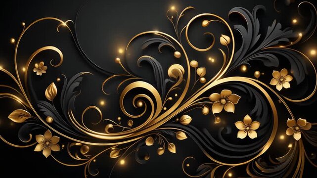 Elegant black and gold floral motif animation looping smoothly with swirling ornamental vines in graceful motion
