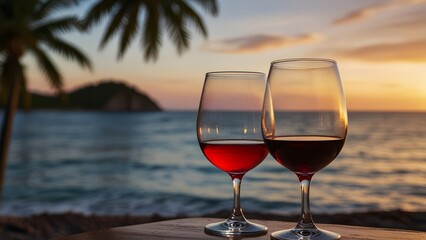 Red Wine on a Table with a Scenic Island and Palm Tree Background