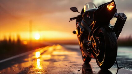 Video A motorcycle parked on the side of a wet road, suitable for use in scenes where a rider may have stopped due to inclement weather