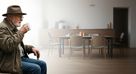 Elderly man with cane sipping coffee, senior gentleman in hat sitting alone with mug against blurred warm interior, concept of retirement, solitude, mindfulness and quiet everyday ritual