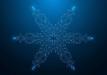 A digital circuit board design, centered within a dark blue background