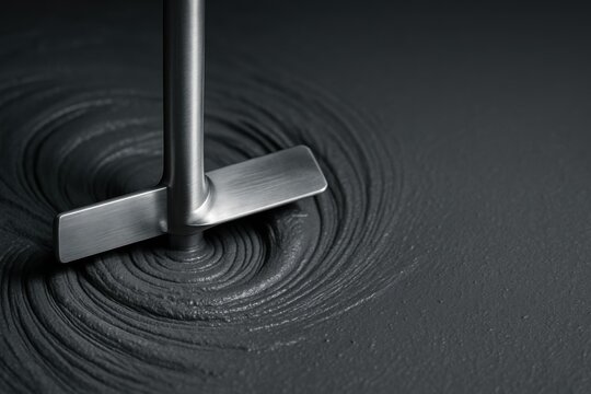 Stainless steel mixing paddle creating circular patterns while blending thick dark slurry during material processing  
