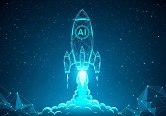 A digital illustration depicting an AI-powered rocket launch against a dark blue background