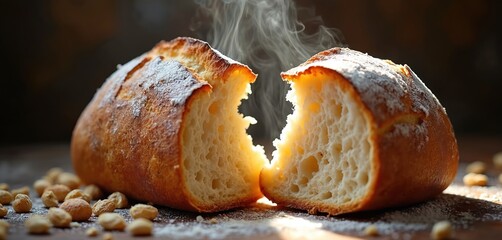 Warm, freshly baked artisan bread is torn apart. Steam rises from the soft interior showing a golden, crusty exterior. Scattered chickpeas and flour dust enhance the rustic, homemade feel.