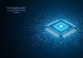 A digital illustration depicts a glowing, stylized central processing unit (CPU) in a dark blue background