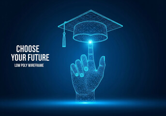 A digital illustration depicts a wireframe hand reaching up to touch a wireframe graduation cap