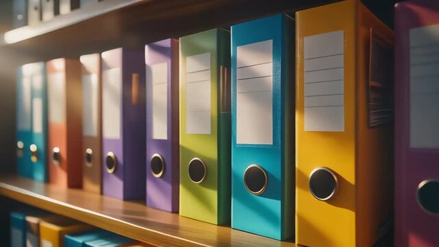 Rainbow colored binders neatly stacked on polished wooden office shelves creating organized vibrant workplace display