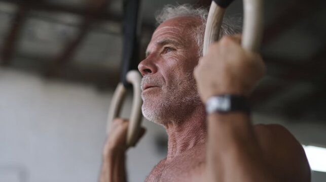Elderly man hanging from a gymnastic ring in a gym. he is holding onto the rings with both hands and appears to be in the middle of a pull-up exercise. - Powered by Adobe