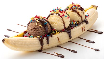 Classic banana split dessert with chocolate and vanilla ice cream