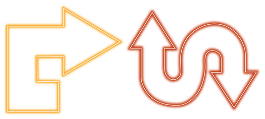 Neon glowing arrow icons, one turning right and one showing a complex up and down loop, isolated on white background