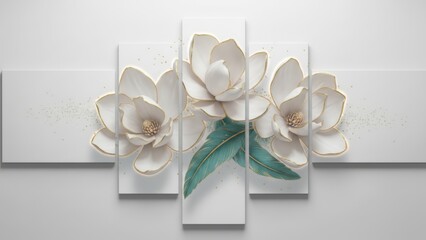 Delicate cream colored orchid blooms adorn a multi panel wall art display with subtle greenery