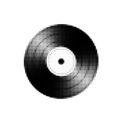 Halftone vinyl record illustration with retro music style, black and white dotted disc design on white background.