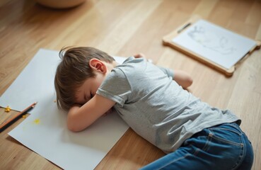 Young boy sleeps tired on paper next to crayons and drawings on wooden floor. Child rests after painting, having fun with art supplies indoors. Kid dreams about creative hobby in his room.