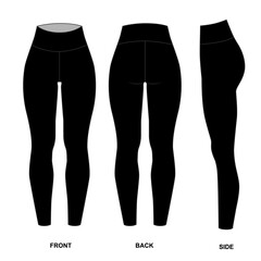 illustration of black leggings, front, back, and side views. Fashion sketch of cycling leggings for women. Clothing template for sports, yoga, Pilates, running, gym, walking. 