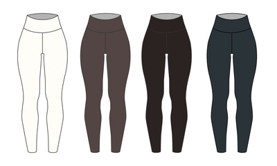 Collection of  illustrations of leggings, front view. Fashion sketch of cycling leggings for women, in white, brown, and gray colors. Set of clothing templates for sports, yoga, Pilates, running