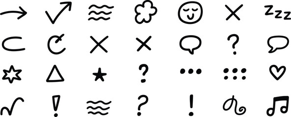 Hand-drawn sketch icons, expressive symbols, abstract doodles, cartoon elements, creative signs, arrows, faces, speech bubbles, stars, clouds, checkmarks