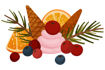 Festive Dessert Arrangement with Berries, Orange Slice and Cones. Holiday Illustration