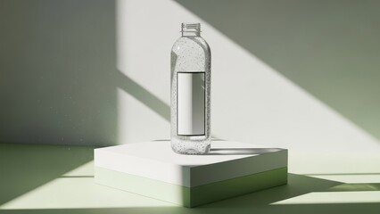 Minimalist Clear Bottle with Water Droplets Blank Label on Green Pedestal Product Display