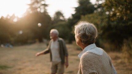 Fototapeta premium Elderly couple walking in a park. the man is on the left side of the image, and the woman is in the foreground. they are both wearing casual clothes and appear to be in a peaceful and relaxed mood.